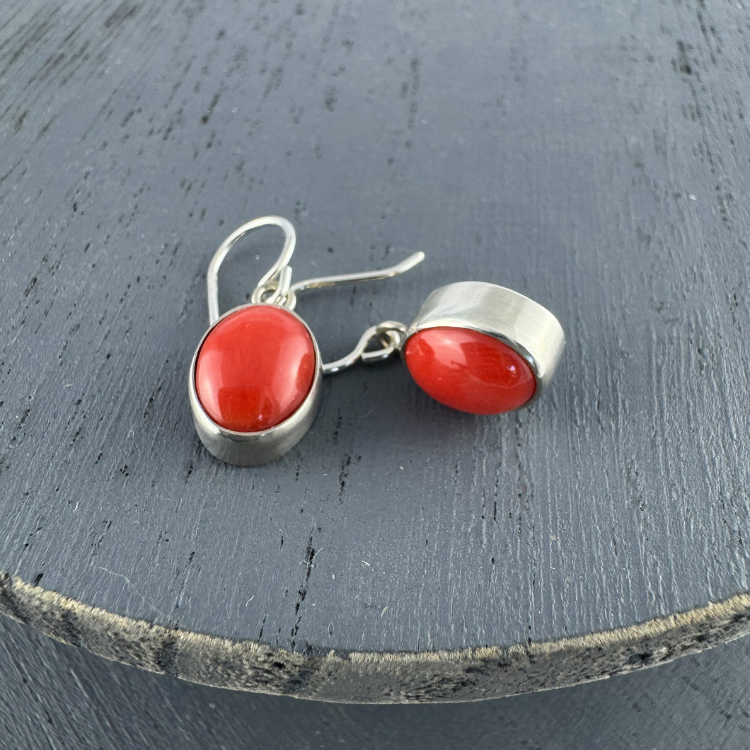 Red Coral Oval Drop Earrings